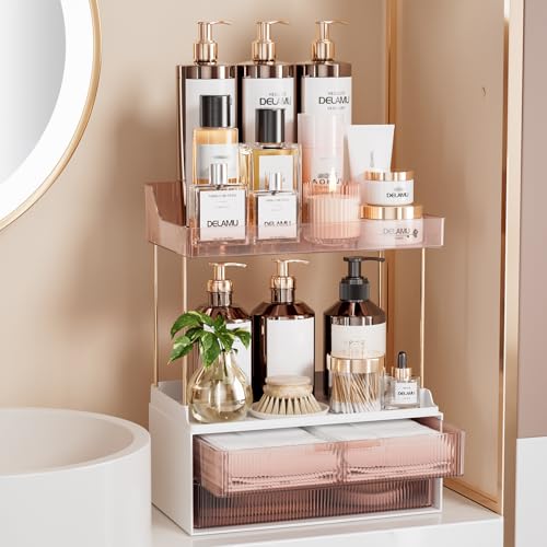 Delamu Bathroom Organizers and Storage, 2 Tier 2 Drawer Makeup Organizer Countertop, Easy to Install, Ideal for Bathroom Counter, Vanity, Ideal for Women Girls, Grapefruit - color: Grapefruit, size: 2Drawers 1 Pack