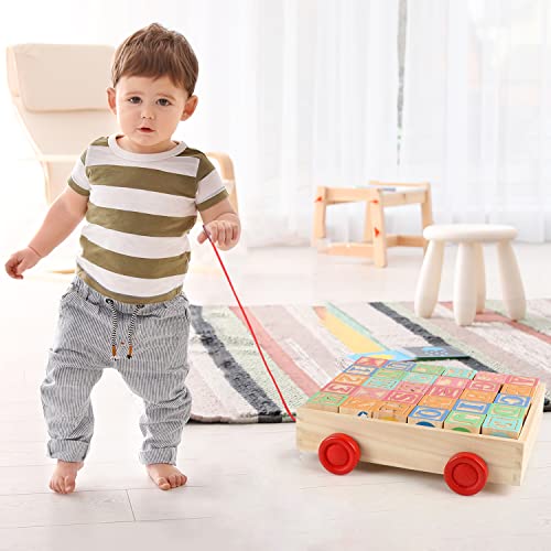 Wooden Building Blocks for Toddlers 1-3, Large Wood Baby Stacking Blocks Set for Kids, 30 PCS Alphabet Blocks with Toy Wagon, Educational Wooden Toys for Boys Girls Gifts 1.65" - style: 30 abc blocks cart