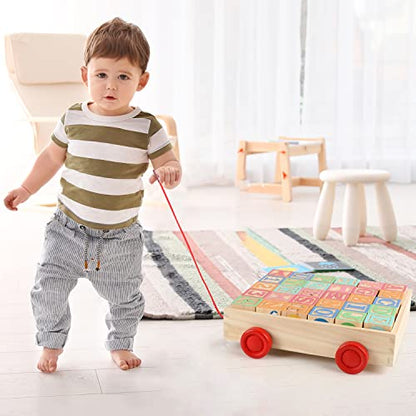 Wooden Building Blocks for Toddlers 1-3, Large Wood Baby Stacking Blocks Set for Kids, 30 PCS Alphabet Blocks with Toy Wagon, Educational Wooden Toys for Boys Girls Gifts 1.65" - style: 30 abc blocks cart