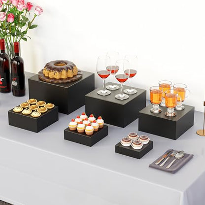 Metal Buffet Risers,6PCS Food Risers for Buffet Table 5in to 10in Display Stand for Catering Dessert Matte black Cube Boxes Nesting Risers with Hollow Bottoms - color: Matte black-6P