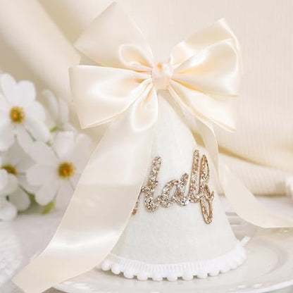 Boho Beige Bow Half Birthday hat-1/2 Birthday Decorations,Glitter Number Cone Hat,Princess Hat,Photo Props Cake Smash - color: White Bow Hat2
