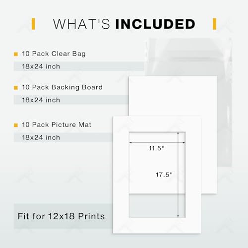 Golden State Art, Pack of 10, Pre-Cut 18x24 White Picture Mat Kit for 12x18 Photo, 10 White Core Bevel Cut Mattes, 10 Backing Boards and 10 Clear Bags - color: White, size: 18x24 for 12x18 (10 Pack)
