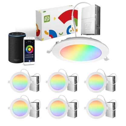 ASD 6 Pack LED Smart Recessed Lighting 6 Inch 15W, RGBW Color Changing Lights, Compatible with Alexa & Google Assistant, Dimmable 2700K-6500K Selectable RGB Lights, WiFi Bluetooth Ceiling Light, ETL - color: White, size: 6 Inch 6 Pack Rgbw