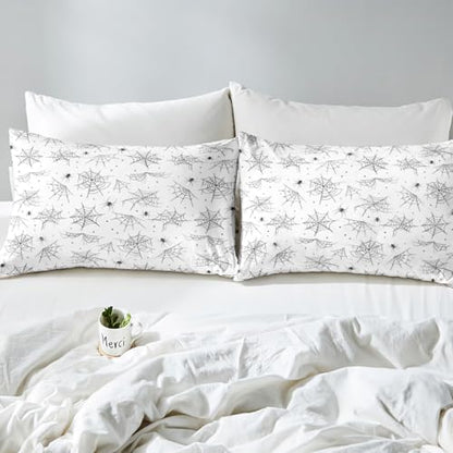 Feelyou Happy Halloween Bed Sheets Sets Queen Size Kids Boys Girls Black White Cobweb Bedding Set Spider Bed Sheet Set with 16-Inch Deep Pockets 4Pcs with 2 Pillow Cases - color: Black and White, size: Queen