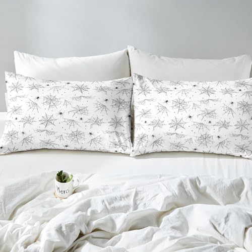 Feelyou Happy Halloween Bed Sheets Sets Queen Size Kids Boys Girls Black White Cobweb Bedding Set Spider Bed Sheet Set with 16-Inch Deep Pockets 4Pcs with 2 Pillow Cases - color: Black and White, size: Queen
