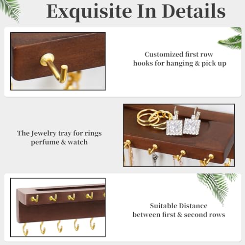 YYILIS Necklace Holder, Upgraded Extra Large Wall Necklace Organizer with 30 Hooks Wall Mounted Necklace Hanger with Jewelry Tray/Cosmetics Shelf Rustic Pine Wood Holder (Walnut) - color: Walnut
