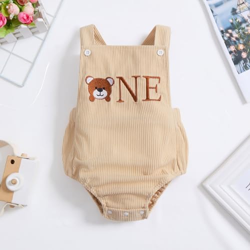 IMEKIS Baby Girls Boys Boho 1st Birthday Outfit Backless Overalls Romper for Cake Smash Photo Shoot - color: Khaki Bear One, size: 9-12 Months