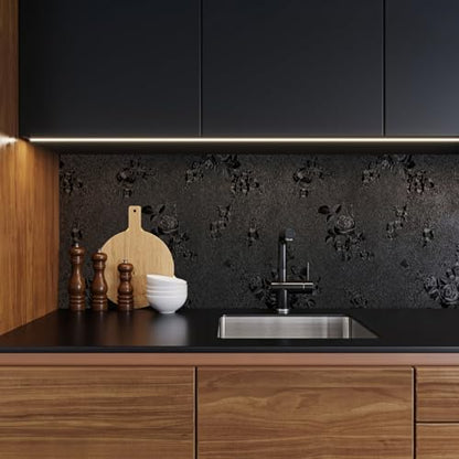 Erfoni Black Peel and Stick Wallpaper Black Floral Embossed Contact Paper 17.7inch×196.8inch Removable Textured Flower Wallpaper Self Adhesive Thicken Bedroom Countertops Cabinets Contact Paper - color: Black, size: 17.7" x 197"