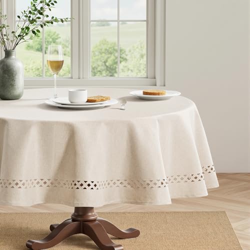 MIULEE Beige Round Linen Polyester Tablecloth with Decorative Cutouts Spring Waterproof Stain Resistant & Shrink-Proof Table Cloth 60x60 inch Farmhouse Style for Dining Wedding and Outdoor - color: Beige, size: 60" (Round)