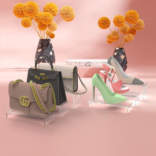 6 PCs Risers Display Stands 3 Tiers Desktop Acrylic Shelves Cake Dessert Holder Products Stand for Collectibles Shoes Jewels Pop Figure (Clear12inch) - color: Clear 12 Inch 6 PCs