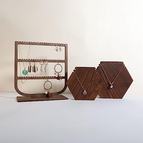 wooden hanging jewelry organizer, walnut jewelry display holder for selling, dangle necklace storage shelf, 3 tier earring display stands for selling【Jewelry shelf-3 tier】