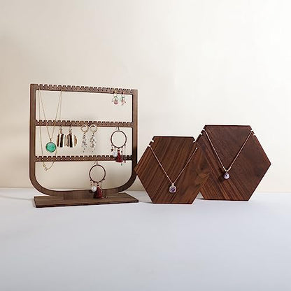 wooden hanging jewelry organizer, walnut jewelry display holder for selling, dangle necklace storage shelf, 3 tier earring display stands for selling【Jewelry shelf-3 tier】