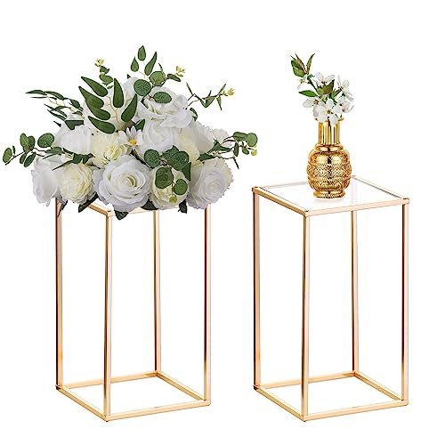 Nuptio 2 Pcs Metal Flower Floor Vase Column Flower Stand Geometric Centerpieces Vase for Tables, 15¾ inch Tall Gold Flower Holder for Home Party Wedding Decorations, Rectangular Flower Display Rack - size: 15¾" H x 2 Pcs