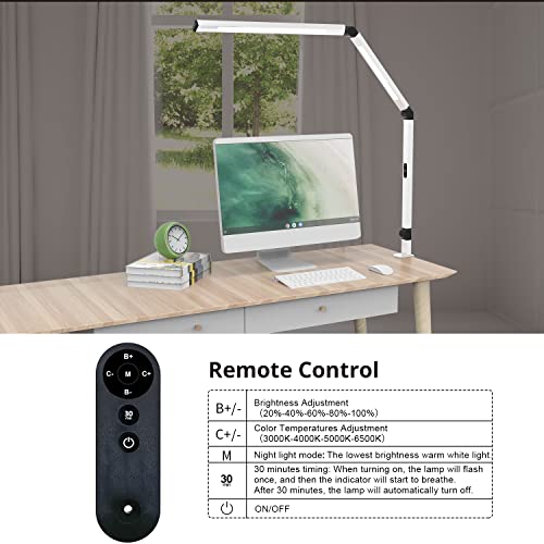 Micomlan LED Desk Lamp for Home Office, Architect Clamp Desk Lamp with Remote Control, Adjustable Dimmable Swing Arm Clamp on Table Light Clip-on Dual Light 5 Brightness Levels & 4 CCT Modes - color: White+Remote
