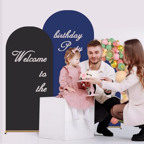 Double Color Set of 3 Arch Backdrop Cover,Spandex Fitted Wedding Arch Cover,Round Top Arch Backdrop Stands Cover for Birthday, Party, Baby Shower Decorations (4ft/5ft/6ft Black+Blue) - color: Black+Blue, size: 4FT+5FT+6FT