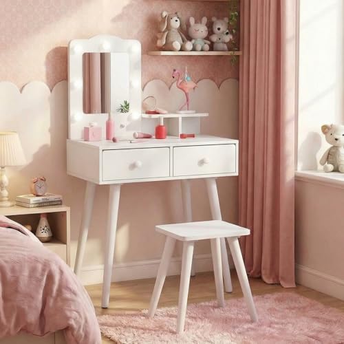 Arlopu Kids Vanity Set and Mirror, Wooden Pretend Play Vanity Table and Chair Set for Girls with Stool, Drawer, Princess Makeup Dress-Up Toy for Toddlers 3+Year Old (White) - color: White