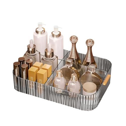 DASITON Large Capacity Makeup Organizer,12 Slots Makeup Brush Holder,Makeup Storage with Handle,Vintage Striped Cosmetic Organizer for Bathroom Countertops,Desk Storage Container(Grey) - color: Grey