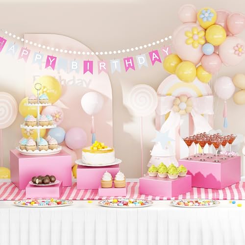 Metal Buffet Risers,6PCS Food Risers for Buffet Table 5in to 10in Display Stand for Catering Dessert Pink Cube Boxes Nesting Risers for Girl Princess party with Hollow Bottoms - color: Pink-6P