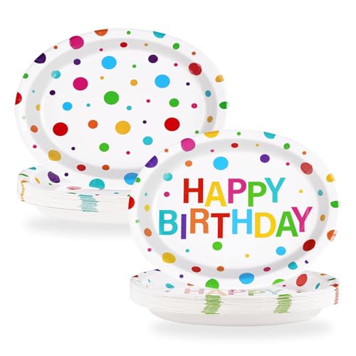50Pcs Happy Birthday Oval Paper Plates 10" x 12" Large Disposable 400GSM Heavy Duty Rainbow Colorful Dots Platters Plates Happy Birthday Party Decorations for BBQ Picnic Baby Shower Party Supplies - style: 50Pcs Colour Dots Plates