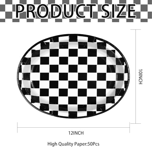 50Pcs Black and White Checkered Oval Paper Plates Race Car Party Plates 10" X 12" Disposable 400GSM Gingham Dessert Dinnerware for Racing Car Party Supplies Birthday Baby Shower BBQ Decorations - style: Black White Gingham Oval Kit