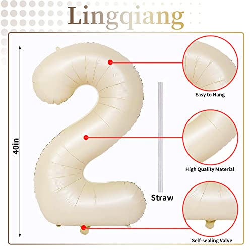 Cream 2 Balloons, 40 Inch Giant Helium Foil Number 0-9 Beige 2th Birthday Balloon for Boys Girls, Self Inflating White Sand Digit 2 Balloons for Women Men Anniversary Party Decorations Supplies - color: Cream, size: Number 2