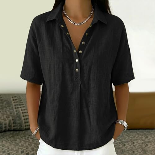 Cotton Linen Shirts for Women 2026 Summer Gauze Shirts Button Down V Neck Half Sleeve Blouses Dressy Casual Clothes - color: Black, size: X-Large