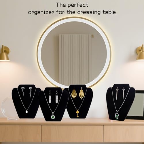 TENINYU Black Necklace Earring Jewelry Display Stand, 8 x 7 Inch Foldable Black Velvet Necklace Bust Easel Chain Holder Organizer Rack for Home or Store Show (4 Pack)