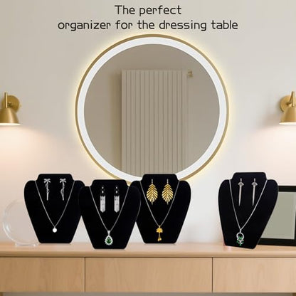 TENINYU Black Necklace Earring Jewelry Display Stand, 8 x 7 Inch Foldable Black Velvet Necklace Bust Easel Chain Holder Organizer Rack for Home or Store Show (4 Pack)