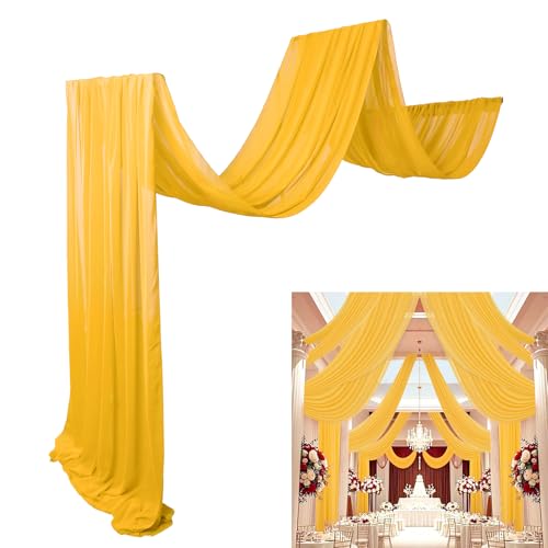 DUOBAO Chiffon Ceiling Drapes 20FT 6 Panels Gold Sheer Wedding Backdrop Curtains for Indoor Events Banquet Hall Tent Drapery Soft Draping Fabric for Arches Christmas and Photography - color: Gold, size: 60"W x 240"L (Pack of 6)