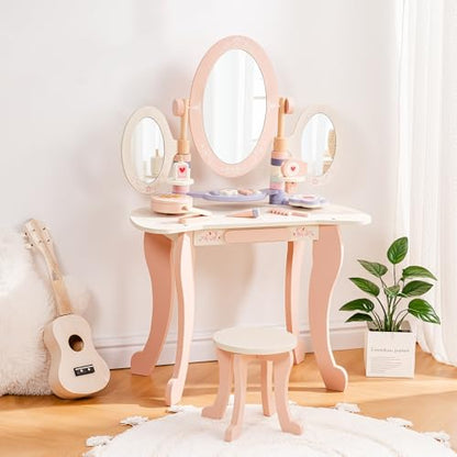 ROBOTIME Kids Vanity Set with Mirror and Stool – Wooden Pink Makeup Table with 11 PCS Accessories – Play Beauty Dresser with Mirrors, Drawer– Kids Vanity Table and Chair Set for Girls Ages 3+