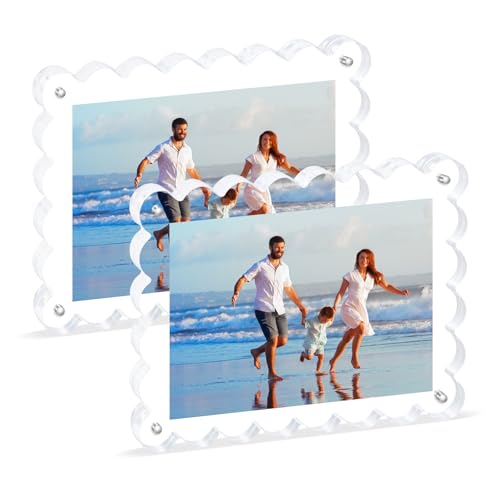 2Pack Acrylic Magnetic Photo Frame 5x7 Inch - Sleek Scalloped Design, 10+10mm Thick Crystal Clear Block, Freestanding Double-Sided Magnet |Trendy Home Gift (2 Pack, 5X7) - color: 2 Pack, size: 5x7