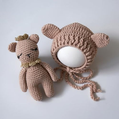 Zeroest Newborn Photography Outfits Boy Girl Bear Props Baby Photoshoot Crochet Bonnet Stuffed Animals for Newborn Photo - color: Light Camel