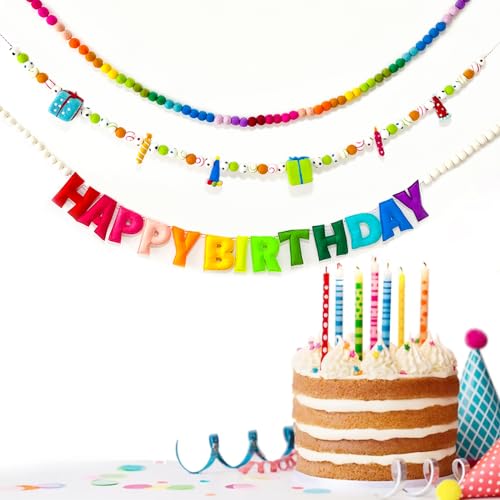 3Pcs Pre-Strung Happy Birthday Banner with Wool Balls, Rainbow Party Decorations, Reusable Happy Birthday Felt Ball Garland, Personalized Holiday Sign for Birthday Party Decor, Home Classroom Decor, Photo Prop (Birthday Banner + Felt Garland + Rainbow Bal