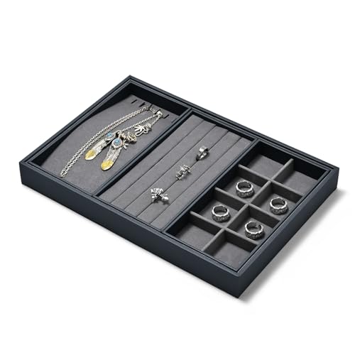 Grey Microfiber 4 in 1 Stackable Jewelry Organizer Trays Jewelry Rings Necklace Earrings Display Trays - size: 3 Grid