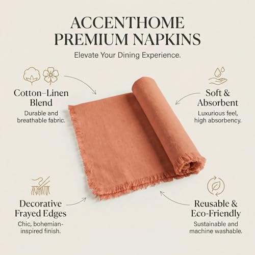 ACCENTHOME Rust Cotton Linen Napkin Set of 12 18x18 inch Dinner Napkins - Washable Soft Premium Hotel Quality Reusable Hemmed Edges Napkins Perfect Table Linens for Family Dinners, Weddings - color: 03 - Rust, size: 18"x18" - Pack of 12