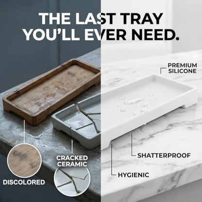 Countertop Vanity Tray - Silicone Bathroom Sink Organizer & Kitchen Soap Tray, Footed Anti-Slip Design, Waterproof Caddy for Perfume, Jewelry, Makeup, Bottle, Oil, Sponge Holder, White (L10 x W 4.2") - color: White