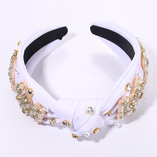 NVENF Easter Rabbit Headband - White Pink Crystal Pearl Knotted Hair Accessory for Women, Spring Holiday Outfits Gifts (Rabbit A - White) - color: Rabbit A - White