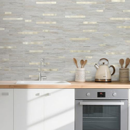 AULIGET Faux Stone Peel and Stick Backsplash, PVC Wall Tile Stick on Backsplash for Kitchen and Bathroom (2, Beige Marble Look) - color: Beige Marble + Metal Gold, size: 2 Sheets, 6"x12"x0.12"