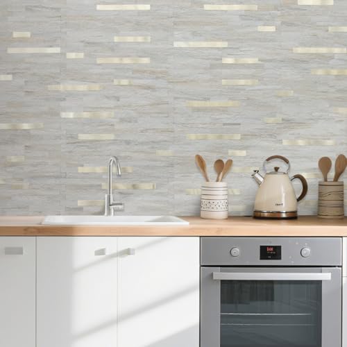AULIGET Faux Stone Peel and Stick Backsplash, PVC Wall Tile Stick on Backsplash for Kitchen and Bathroom (2, Beige Marble Look) - color: Beige Marble + Metal Gold, size: 2 Sheets, 6"x12"x0.12"