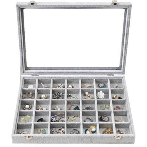 Jewelry Tray 35 Grid Velvet Jewelry Organizer with Clear Lid Transparent Earring Bracelet Organizer Holder Case with Clasp Drawer Insert for Rings Studs Gift for Women Girls - color: 35 Grid