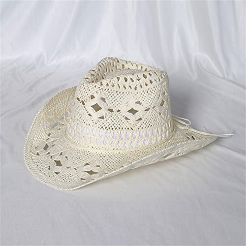 Straw Cowboy Hats Ventilated Hollow Round Foldable Sun Hats for Women Summer Western Cowgirl Beach Hat Photo Prop - color: Warm White