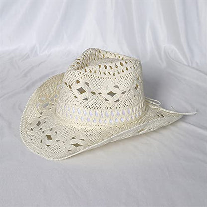 Straw Cowboy Hats Ventilated Hollow Round Foldable Sun Hats for Women Summer Western Cowgirl Beach Hat Photo Prop - color: Warm White