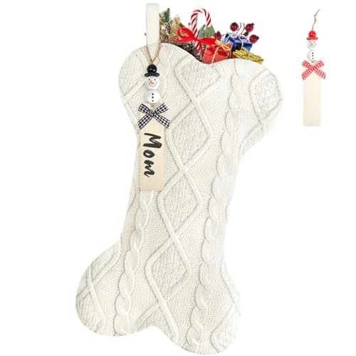 Dog Christmas Stocking, White Cable Knit Christmas Stockings with Name Tags,Personalized Sweater Knitted Stockings for Dog Pets, Neutral Hanging Family Holiday Decoration (Single-ply, White) - color: White