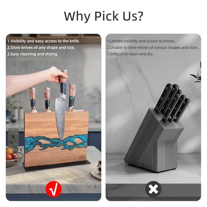 FINDKING Magnetic Knife Block, Double Sided Holder, Powerful Magnet Kitchen Storage, Acacia Wood and Blue Resin (12 x 10 Inches, Without Knives) - color: Blue
