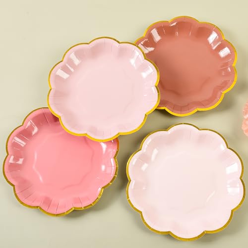 AimFun 48 Pcs Dusty Pink Party Plates Gradient Color Dessert Paper Plate 7inch Gold Foil Scalloped Edge Disposable Cake Plates for Tea Party Birthday Bridal Baby Shower Wedding Party Supplies - color: Dusty Pink