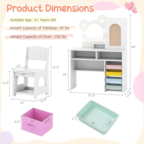 Costzon Kids Vanity with Lights, Girls Vanity Set with Mirror, Storage Drawers, Cabinet & Shelves, Toddler Makeup Vanity Desk Dressing Table, Wooden Kids Vanity Table and Chair Set (White) - style: White with Storage Bins