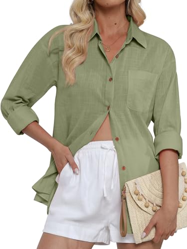 CUNLIN Women's Button Down Shirts Long Sleeve Cotton Summer Beach Wear for Women with Pocket - color: 50086_army Green, size: X-Small