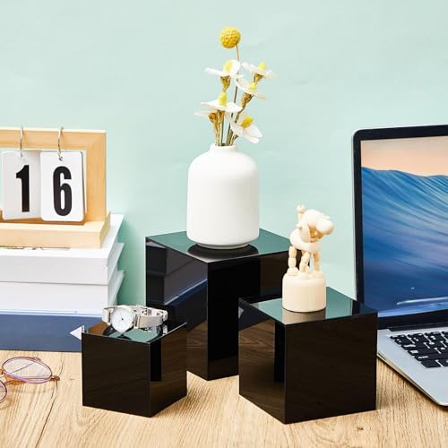 Geetery Set of 5 Display Buffet Risers Acrylic Cube with Hollow Bottoms Acrylic Boxes for Display Dessert Table Stands for Catering Collectibles Jewelry Decor(3,4,5,6,7 Inch,Black) - color: Black, size: Small,3,4,5,6,7 Inch