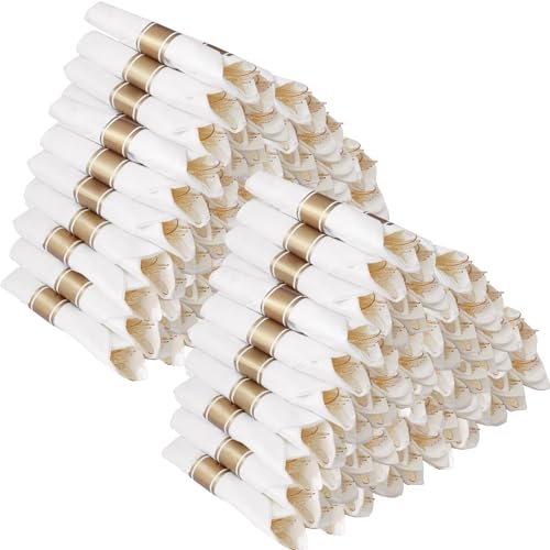 Goodluck 100 Pack Pre Rolled Gold Glitter Plastic Silverware, Wrapped Cutlery Set with Napkin Include 100 Forks, 100 Knives, 100 Spoons and 100 Napkins, Fancy Disposable Silverware for Party, Wedding - size: 100pc, style: Gold Glitter