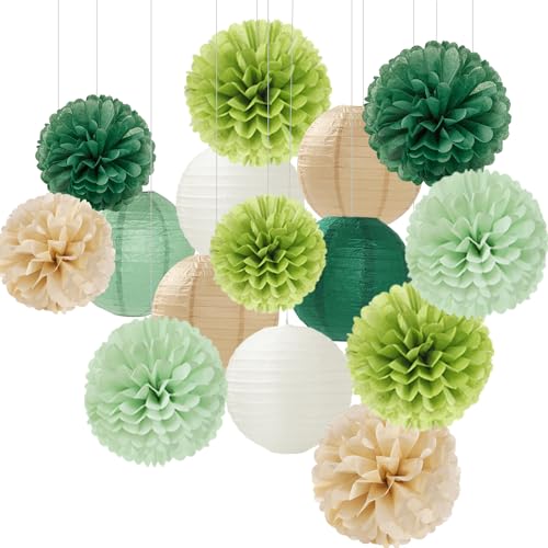 Sage Green-Boho Party-Decorations Paper Flowers Lanterns - 15PCS Birthday Gender Neutral Baby Shower Tissue Pom Poms Streamers, Champagne Gold Rustic Wedding Graduation Hanging Supplies Decor Hugfond - color: Olive Green Milky White Champagne